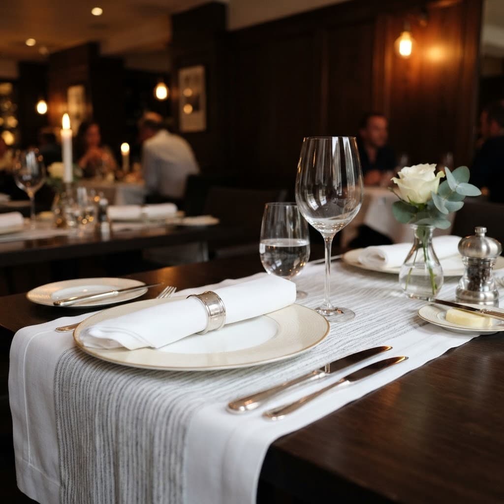 Restauranttisch mit Tischdecke und Servietten